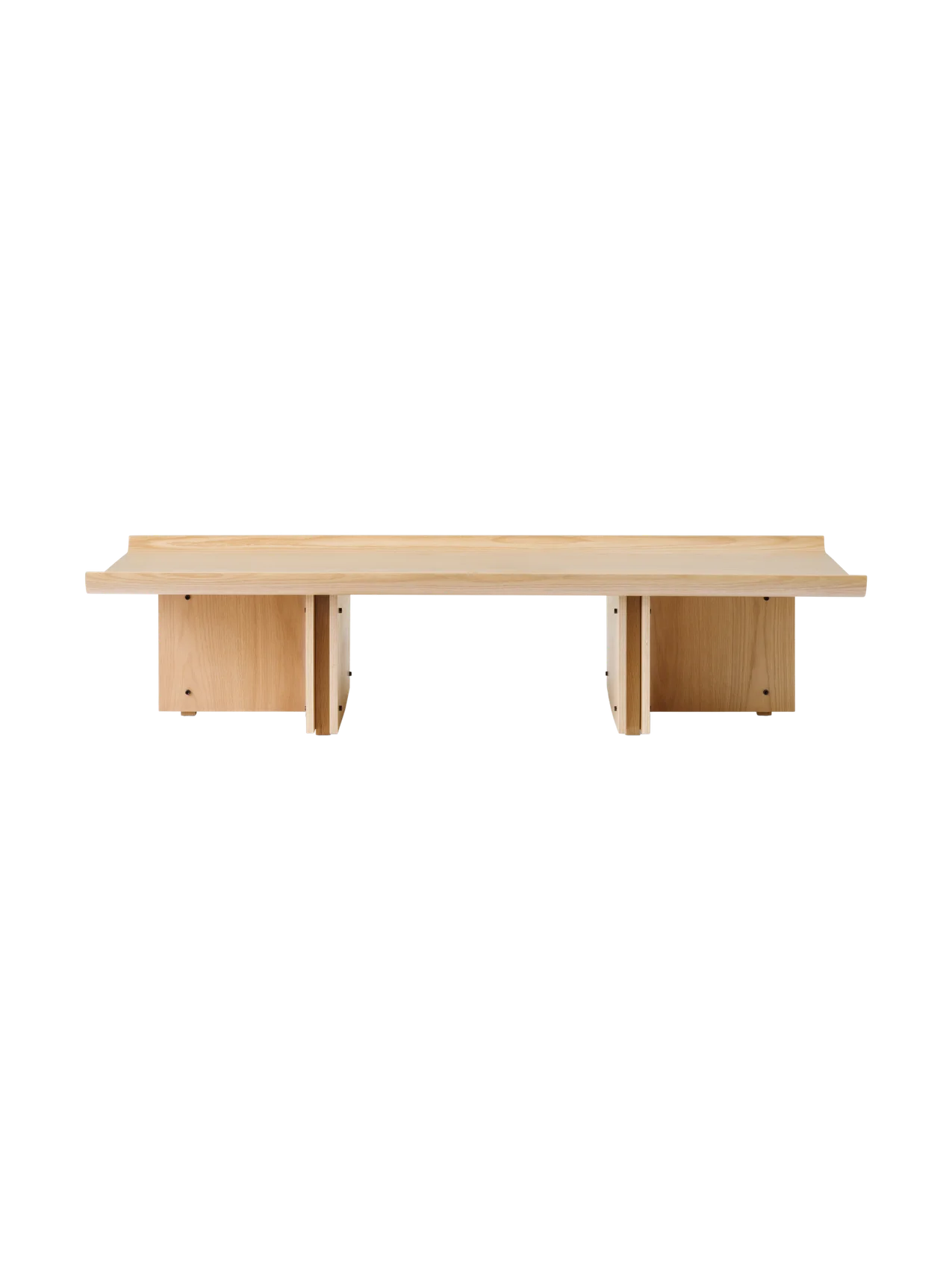 Conrad Lounge Table in natural oak veneer, shown from the front against a black background.