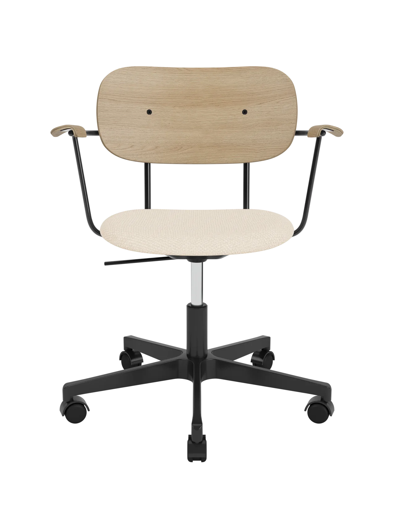 Co Task Chair featuring a Logan Jasmine upholstered seat, natural oak back and armrests, on a black five-star swivel base.