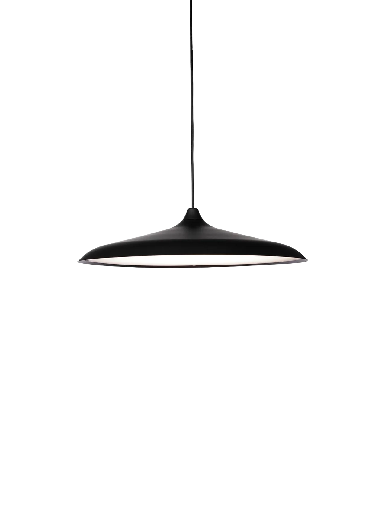 A black Circular Pendant lamp hangs illuminated from its cord against a solid black background, viewed from the side.
