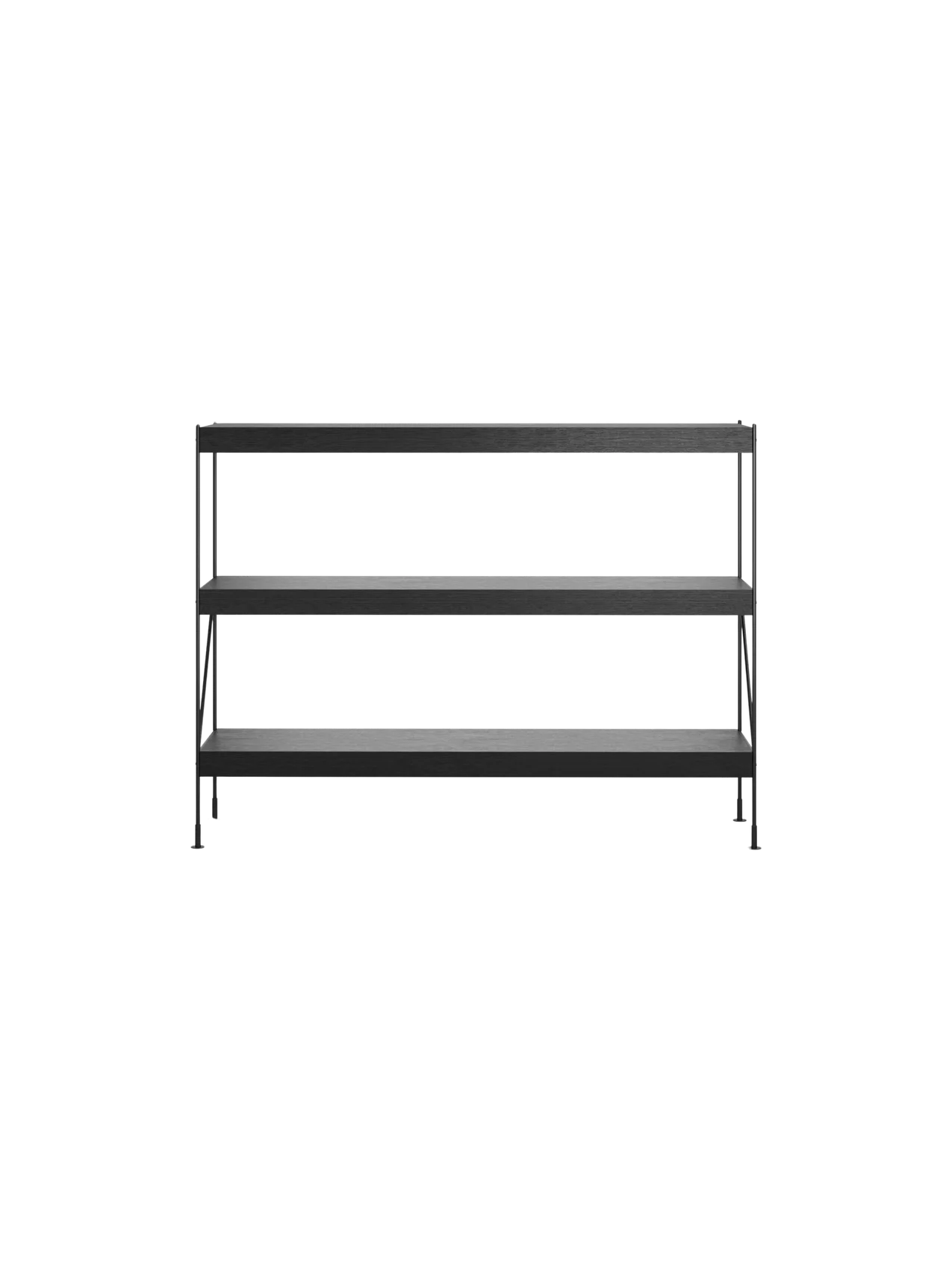 Front view of the Zet Storage System, a three-tiered shelving unit with black oak shelves and a thin black steel frame.