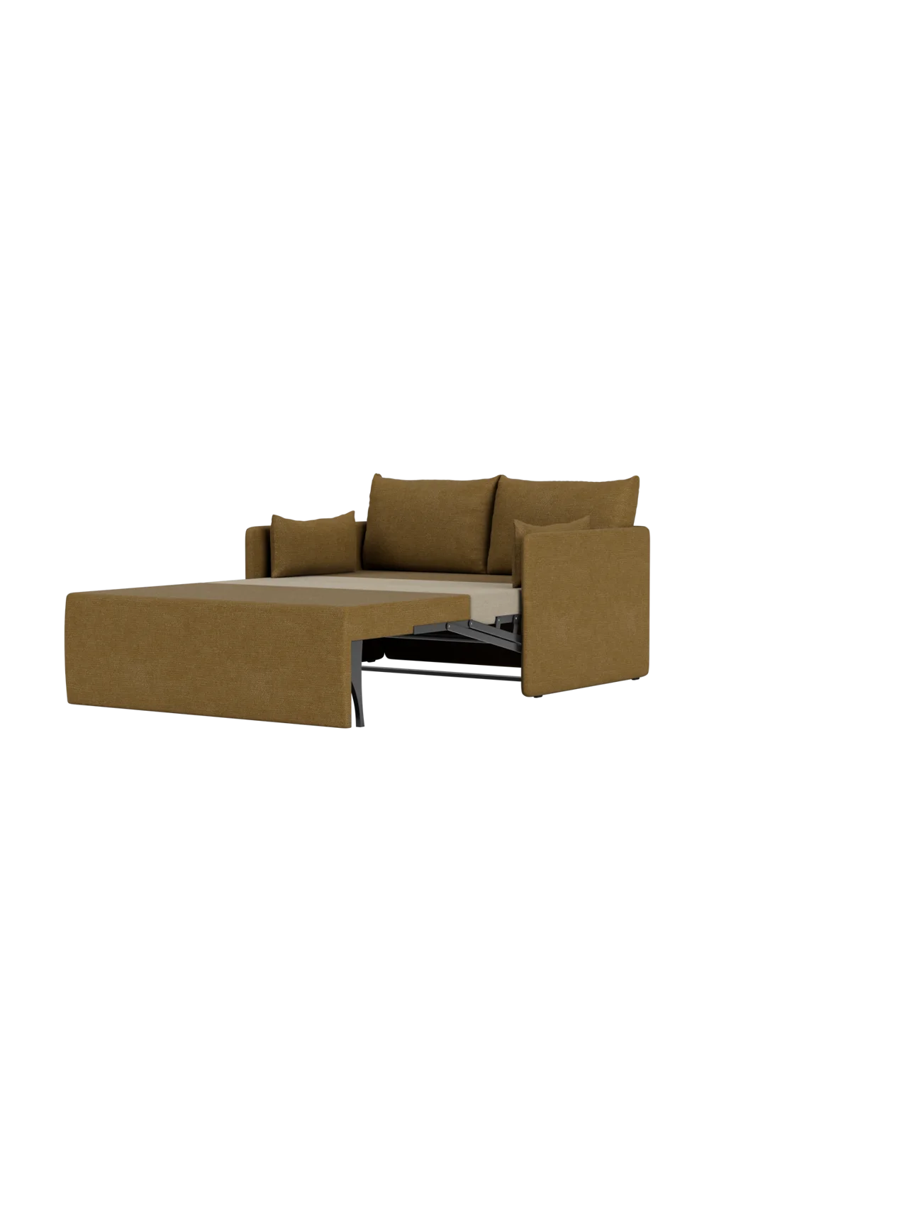 The Offset Sofa Bed, a 2-seater upholstered in brown Audo Bouclé 06 fabric, shown from the side as it pulls out into a bed.