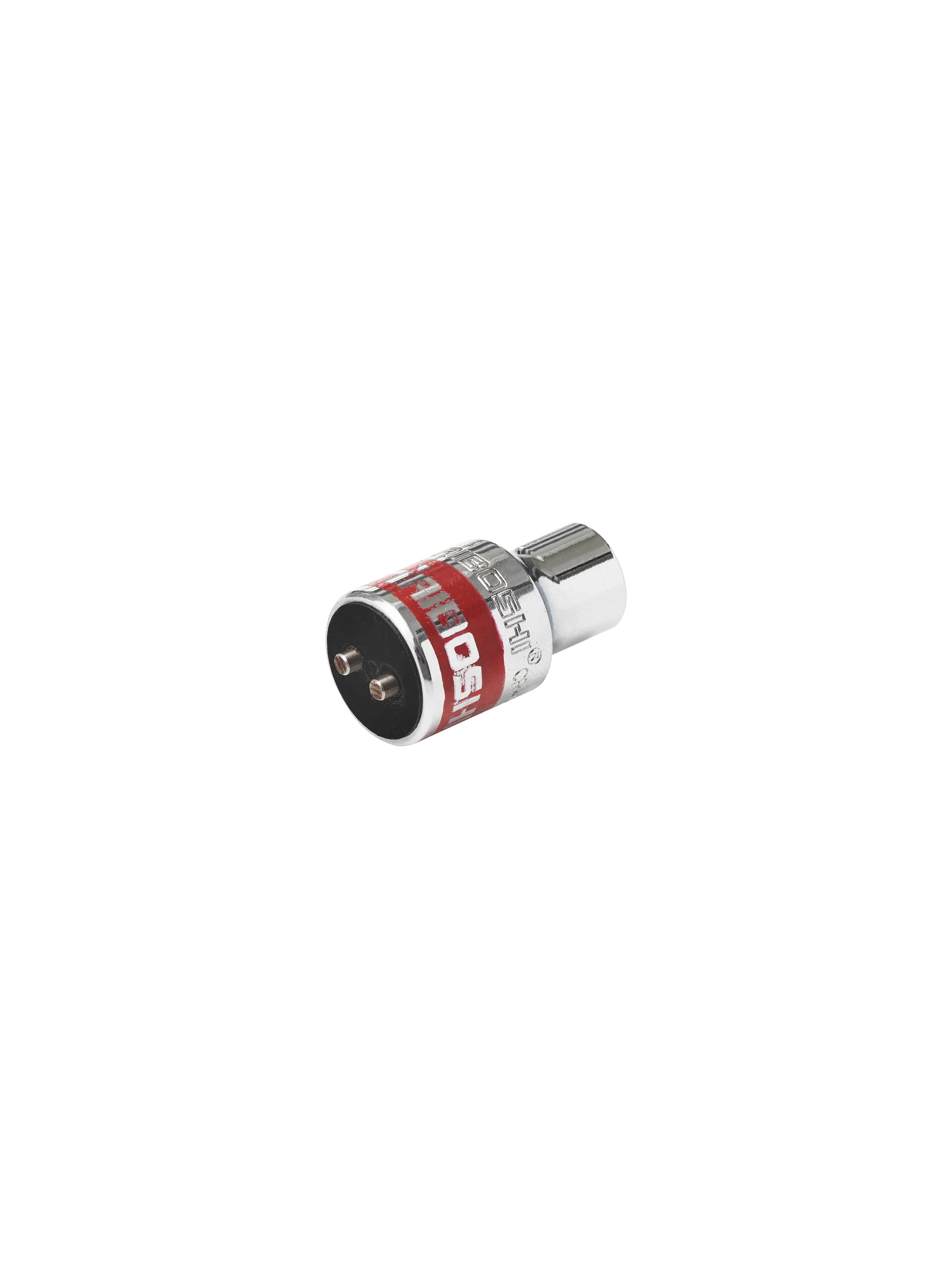 A small, cylindrical two-pin adapter with a polished chrome finish and a central red band with white lettering.
