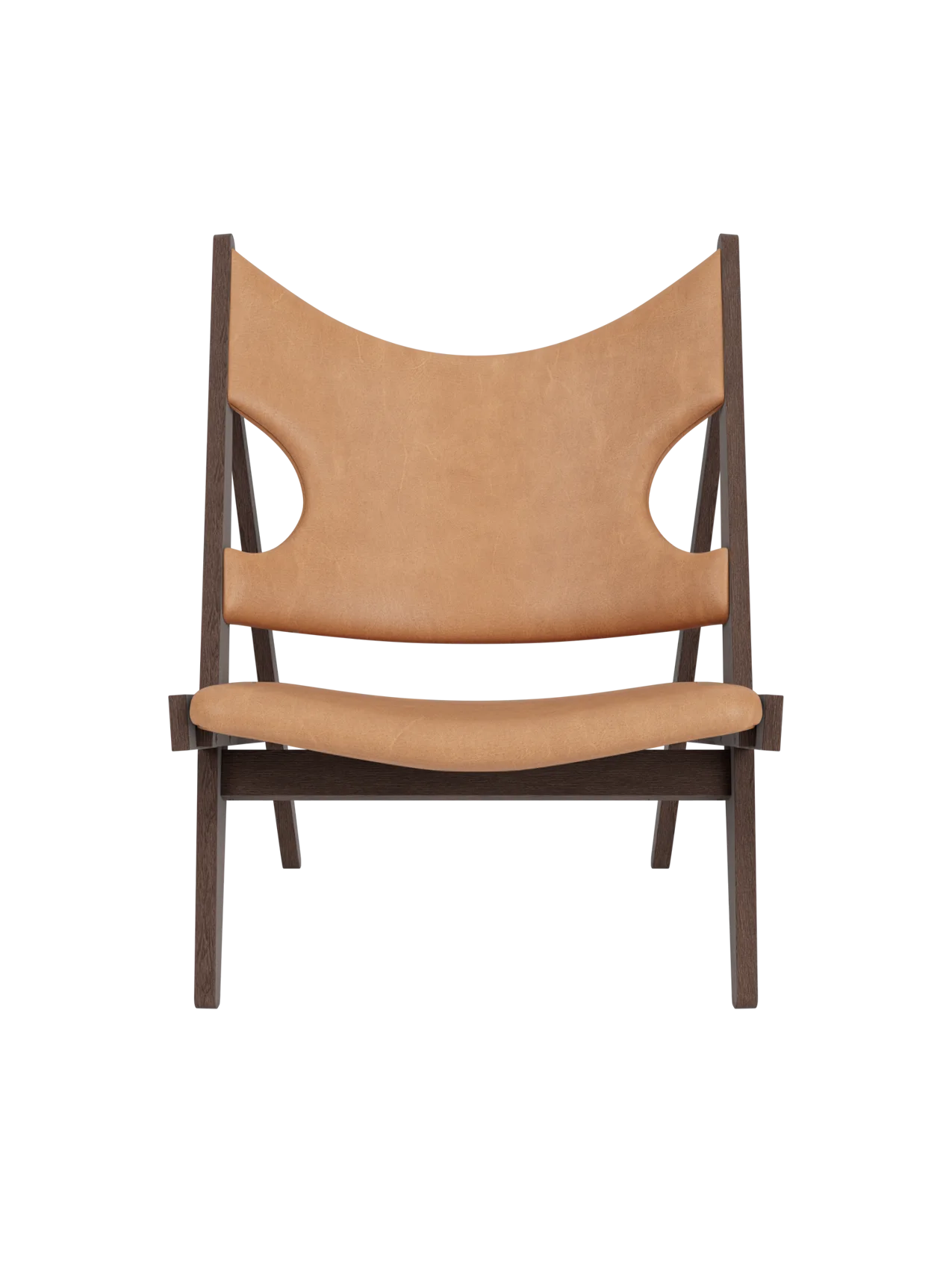Knitting Lounge Chair in dark stained oak and Dunes Camel leather featuring signature ergonomic elbow cut-outs.