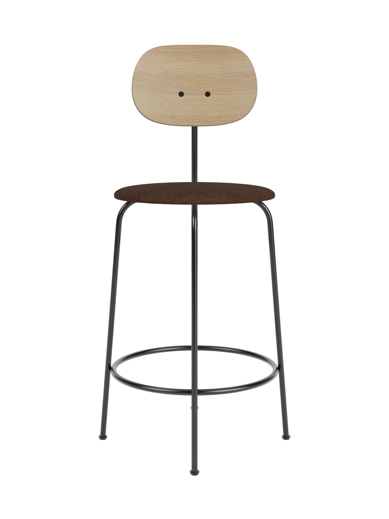 Afteroom Counter Chair Plus with natural oak backrest and brown bouclé seat on a black powder-coated steel frame.