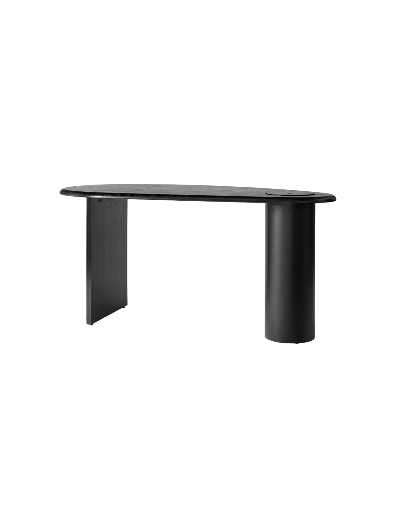The Eclipse Desk in black lacquered oak from an angle. Asymmetrical design with a curved top, a flat and a cylindrical leg.
