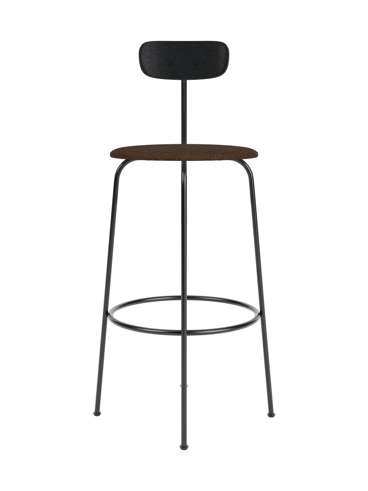 Minimalist Afteroom Bar Chair with a brown bouclé seat and black oak backrest on a four-legged steel frame.