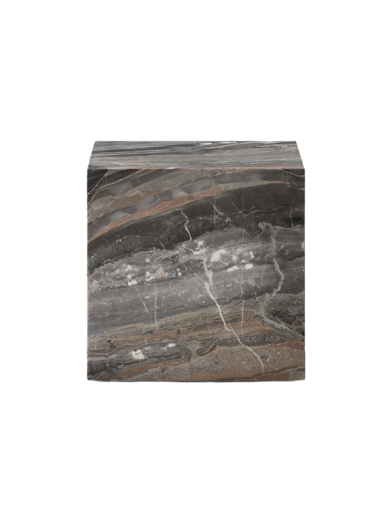 Audo's Plinth Cubic in Grey Kendzo marble. A minimalist cube with warm grey tones and intricate brown and white veins.
