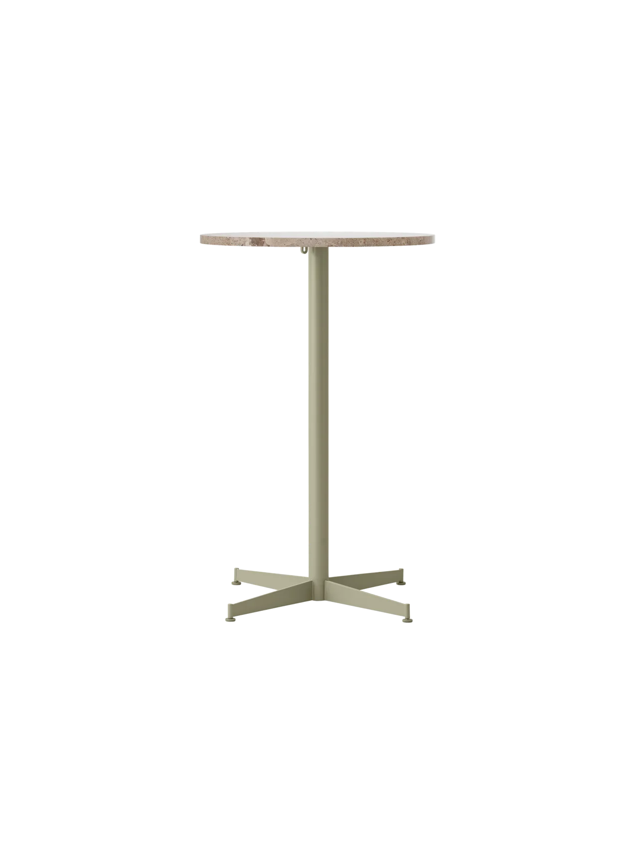 Front view of the Nook Counter Table, featuring a round Kunis Breccia stone top on a slender, olive metal pedestal base.