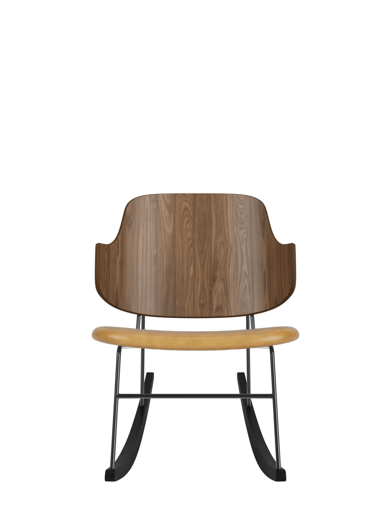 The Penguin Rocking Chair featuring a curved walnut back, tan upholstered seat and black steel frame with ash rockers.