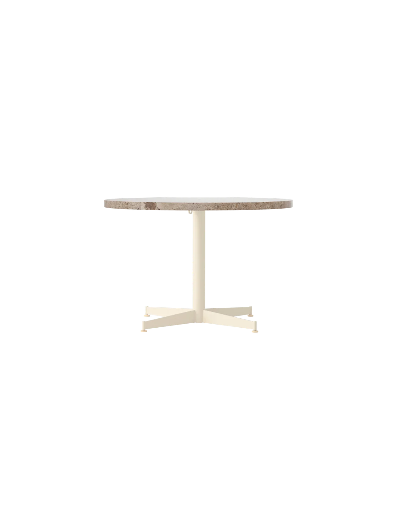 Front view of the Nook Lounge Table, featuring a round Kunis Breccia stone top and an ivory four-star pedestal base.