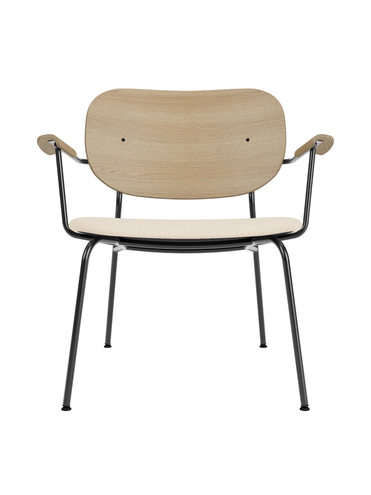 Co Lounge Chair with natural oak veneer backrest, Logan Jasmine upholstered seat, and a slim black steel frame.