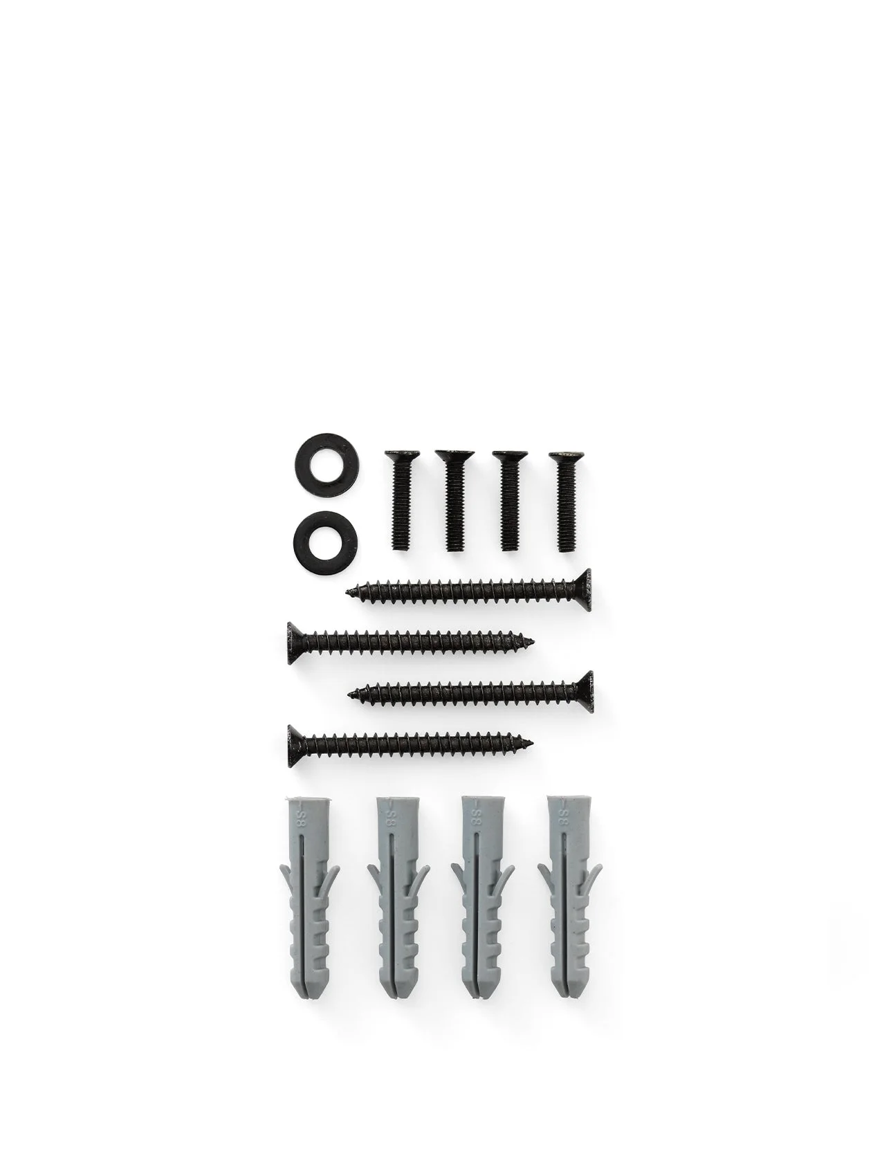 Rail Desk Screw Set flat lay on a white background, showing 2 washers, 7 black screws of two sizes, and 4 grey wall plugs.