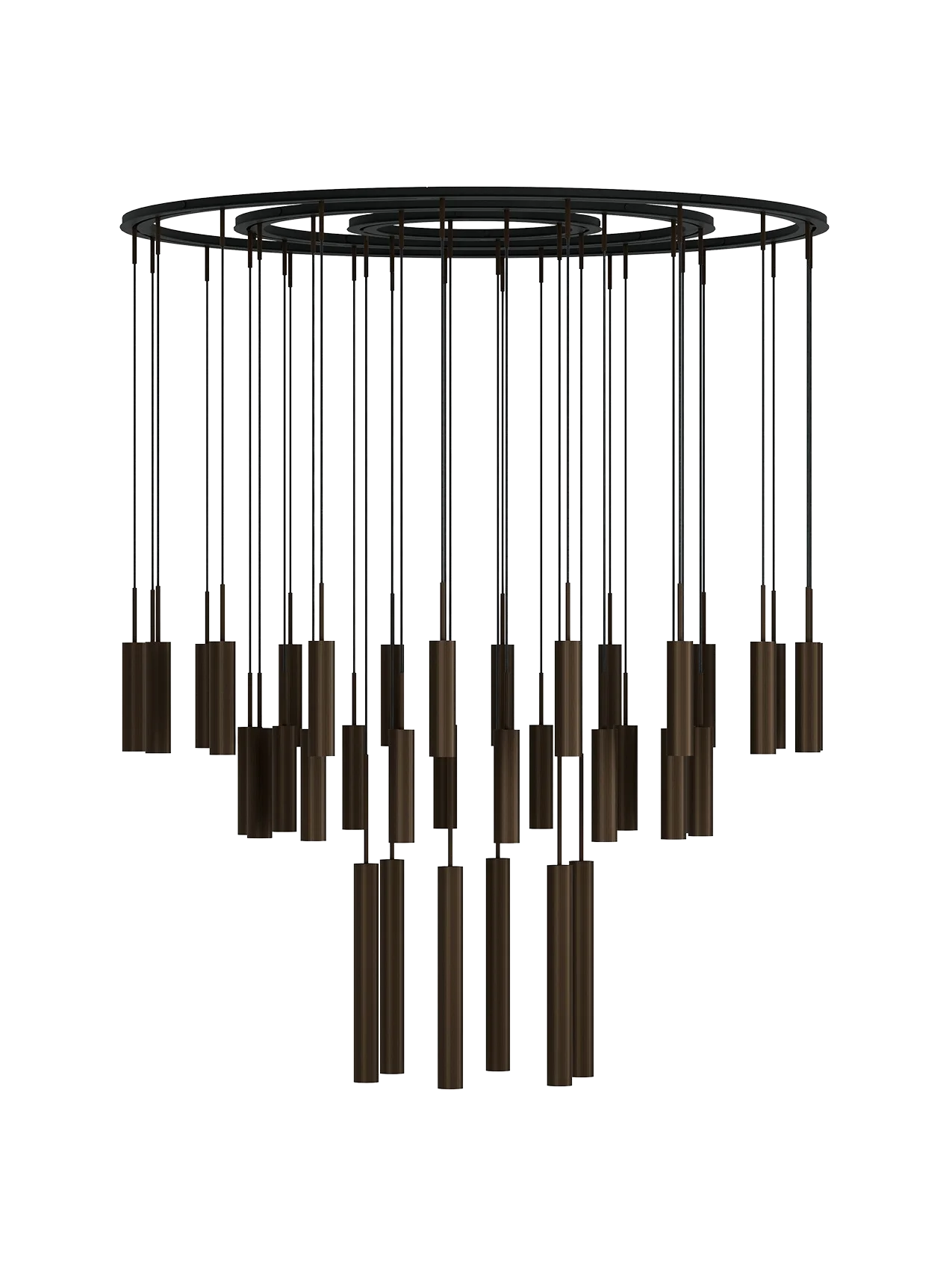 A tiered Tubulaire Chandelier with a black circular frame and 38 bronzed, reeded pendant lights against a white background.