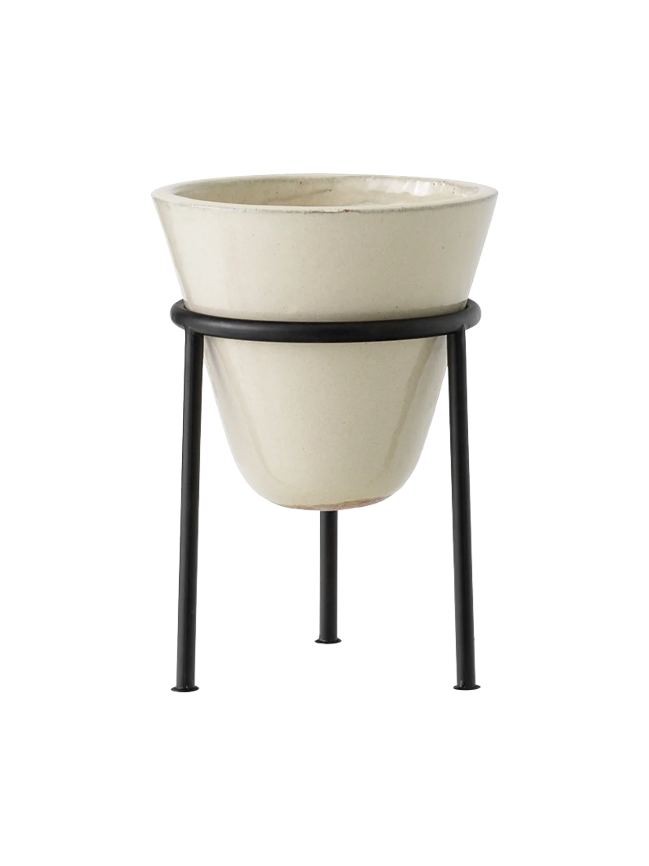 Front view of the Daiza Planter, with a speckled off-white ceramic pot held within a slim, three-legged black metal stand.