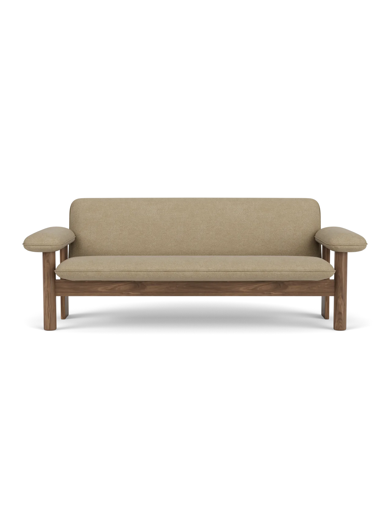 A front-on studio shot of the Brasilia Sofa, featuring a walnut wood frame and beige Audo Bouclé 02 upholstery.