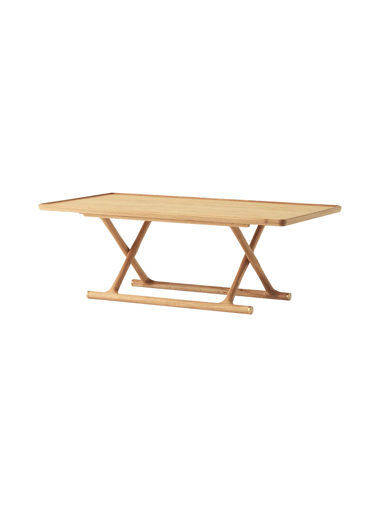 Angled Jäger Lounge Table in natural oak, with a rectangular top and foldable base with criss-cross X-shaped legs.