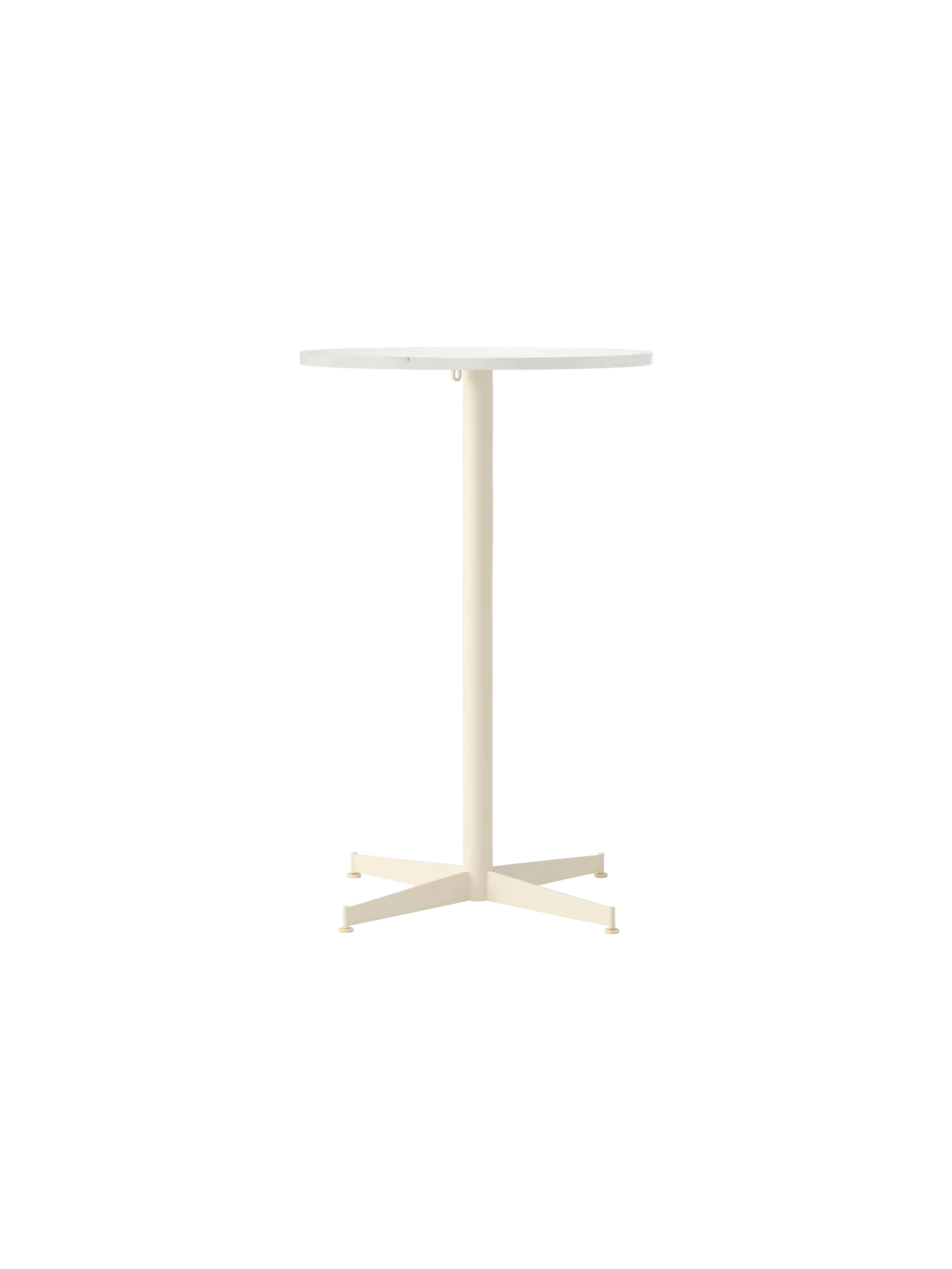 Front view of the Nook Counter Table, featuring a round Estremoz Marble tabletop and an ivory powder-coated steel base.
