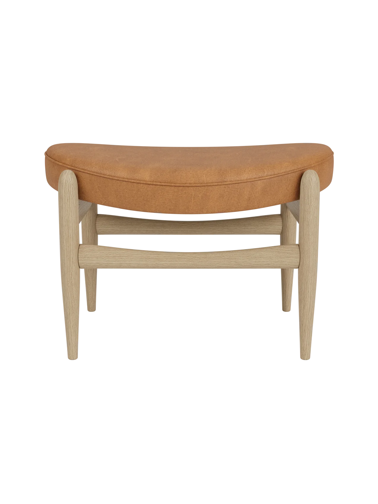 A front view of the Elizabeth Ottoman, featuring a curved seat upholstered in Dunes Cognac leather on a natural oak frame.