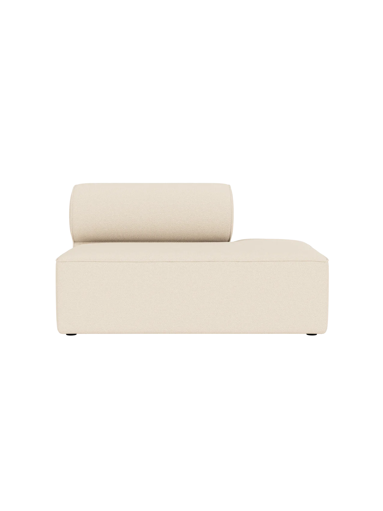 A top-down view of the Eave Modular Sofa, 86, Open End module in a light beige Logan Jasmine fabric, on a black background.