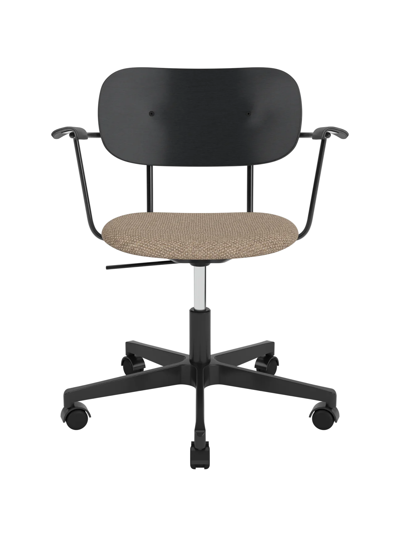 Black Co Task Chair with a Logan Flint upholstered seat, black painted oak backrest and five-star swivel base.