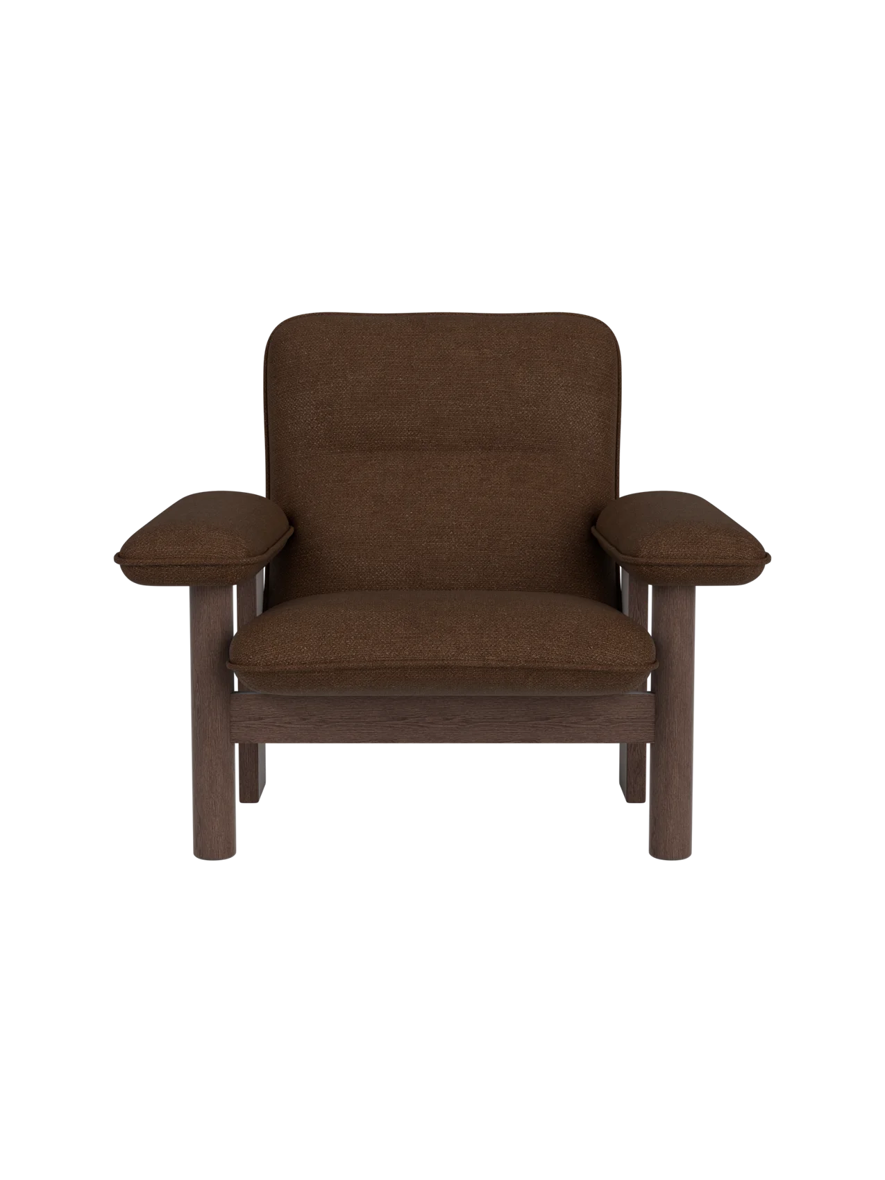 Brasilia Lounge Chair in dark stained oak with brown Audo Bouclé 07 textile upholstery and wide armrests.