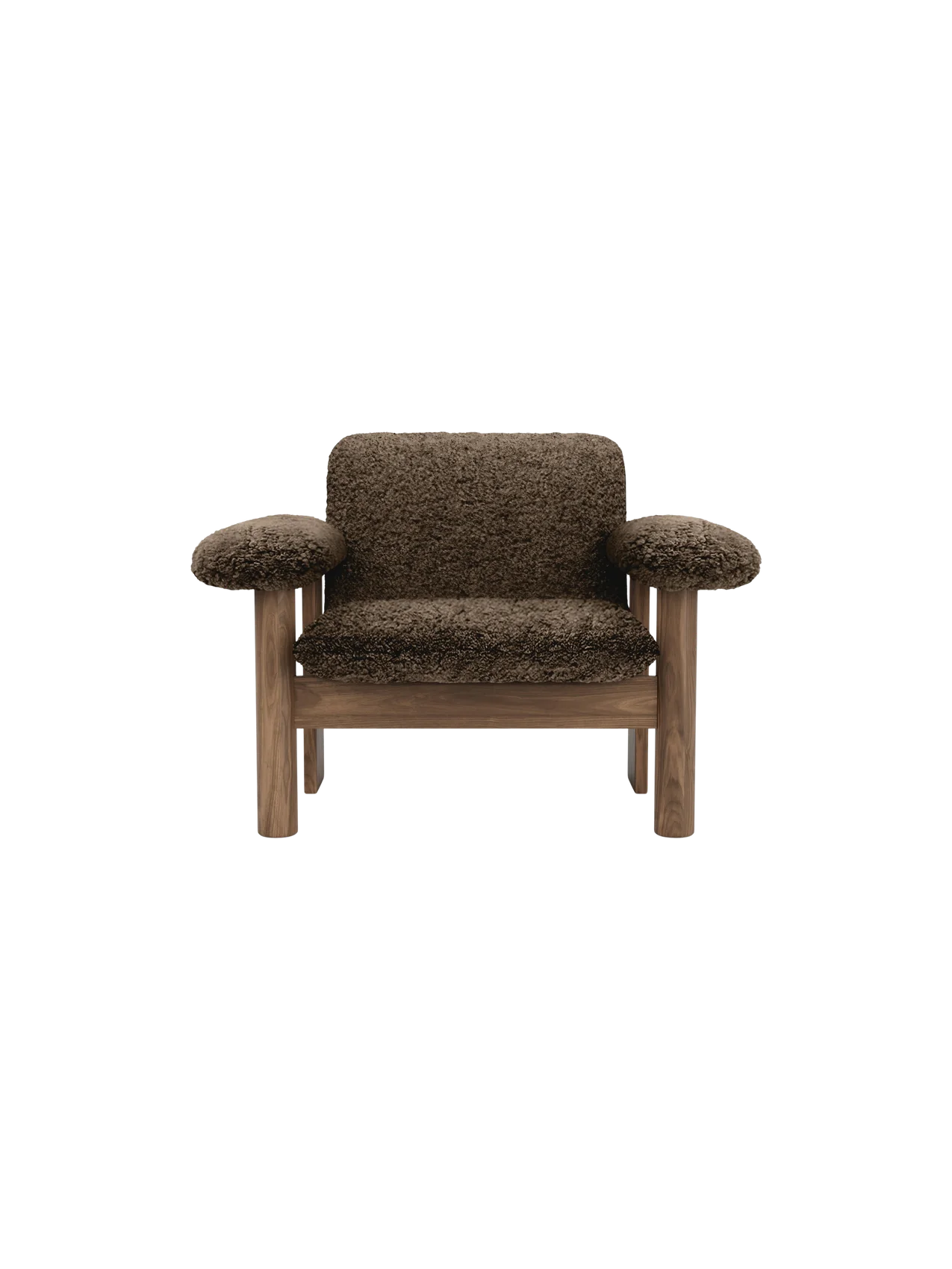 Front view of the Brasilia Lounge Chair, Low Back, with a dark wood frame and plush, dark brown sheepskin upholstery.