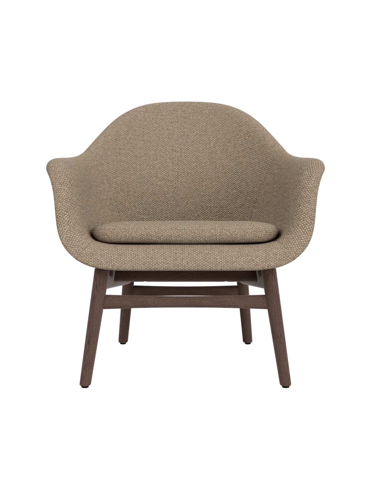 Harbour Lounge Chair upholstered in Logan Flint with a dark stained oak frame and sculptural curved armrests.