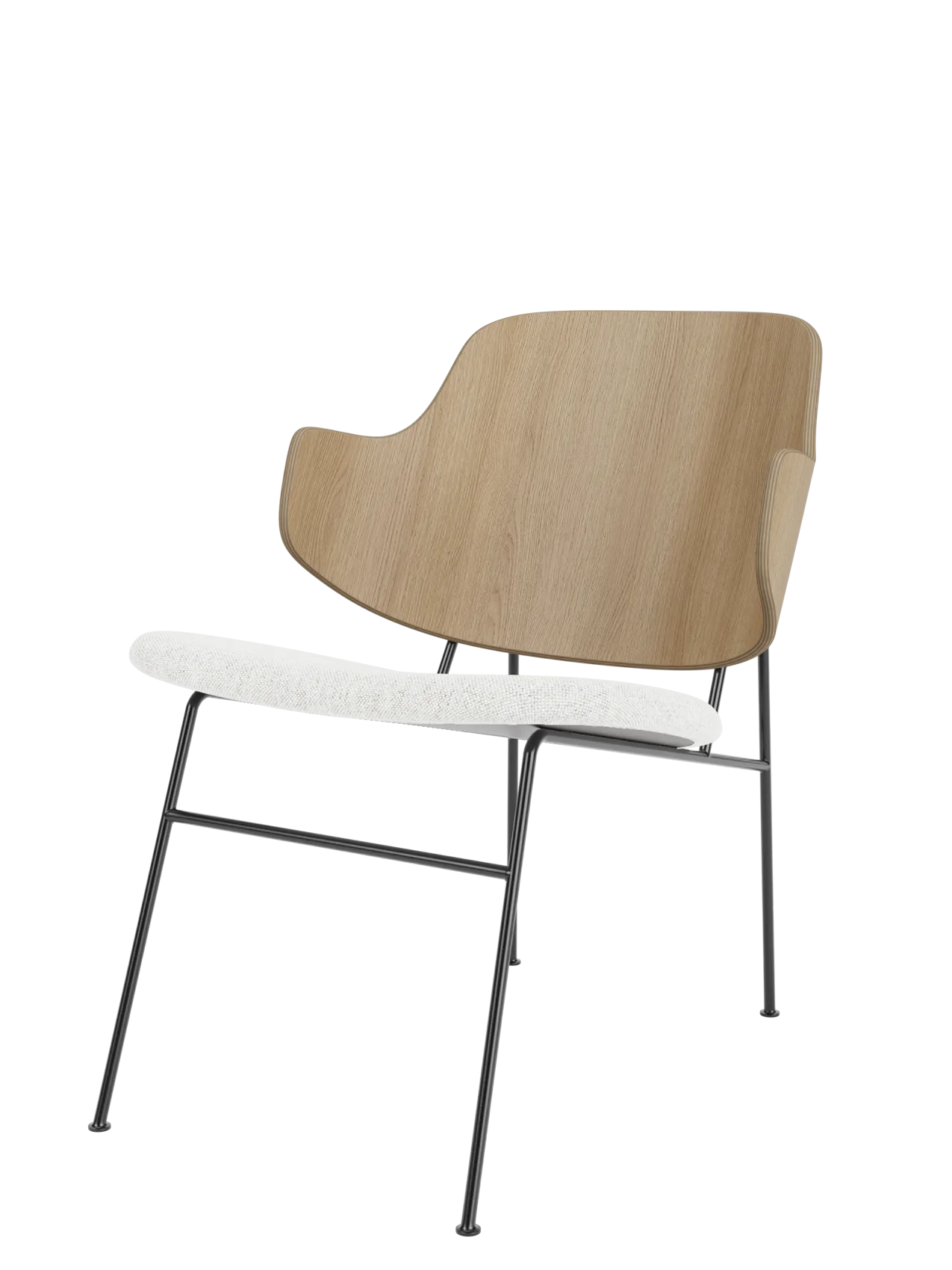 A side view of The Penguin Lounge Chair, with a natural oak backrest, white upholstered seat and a slender black metal frame.