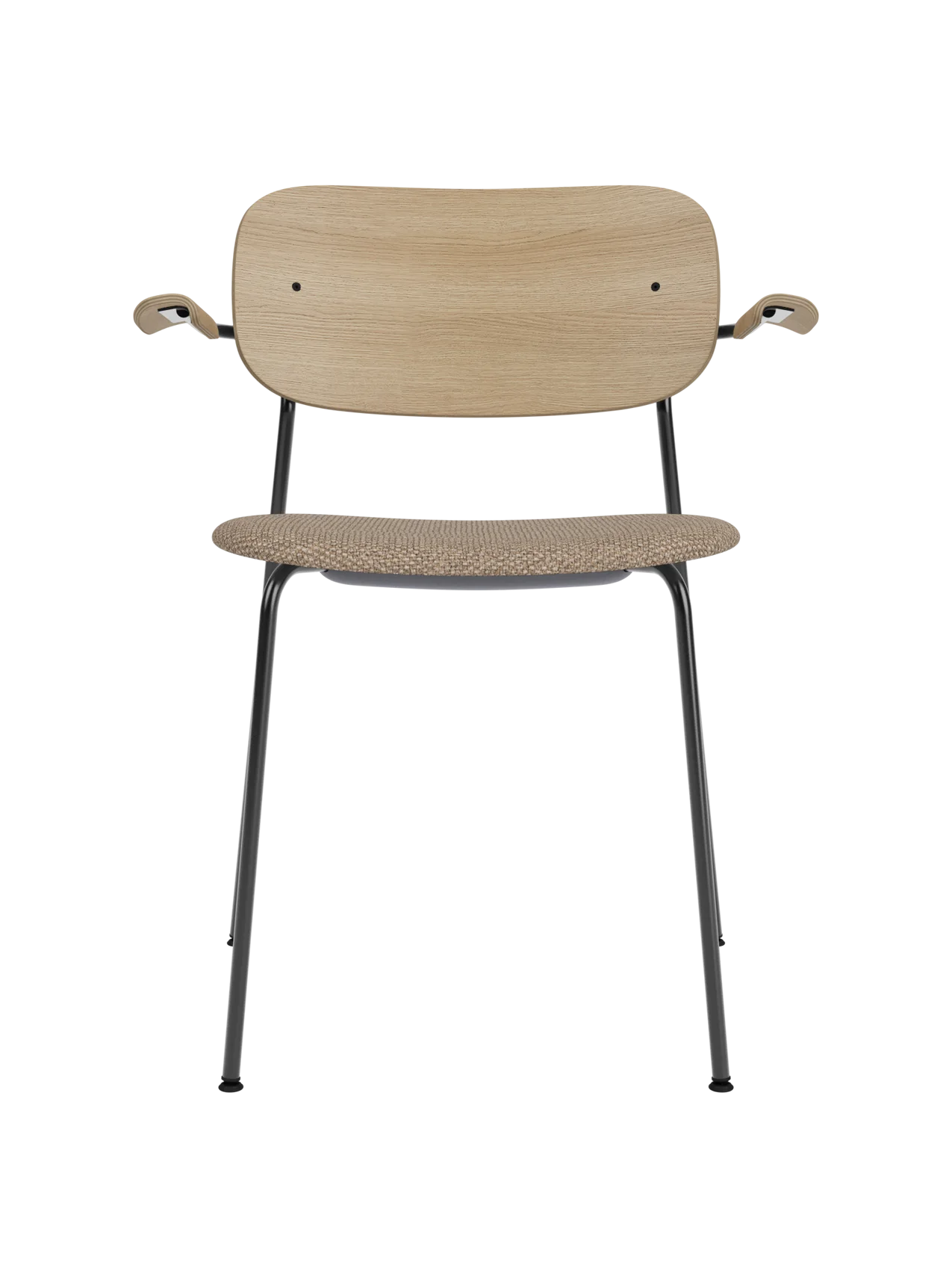 Co Dining Chair with armrests, natural oak back and Logan Flint upholstered seat on a black powder-coated steel frame.