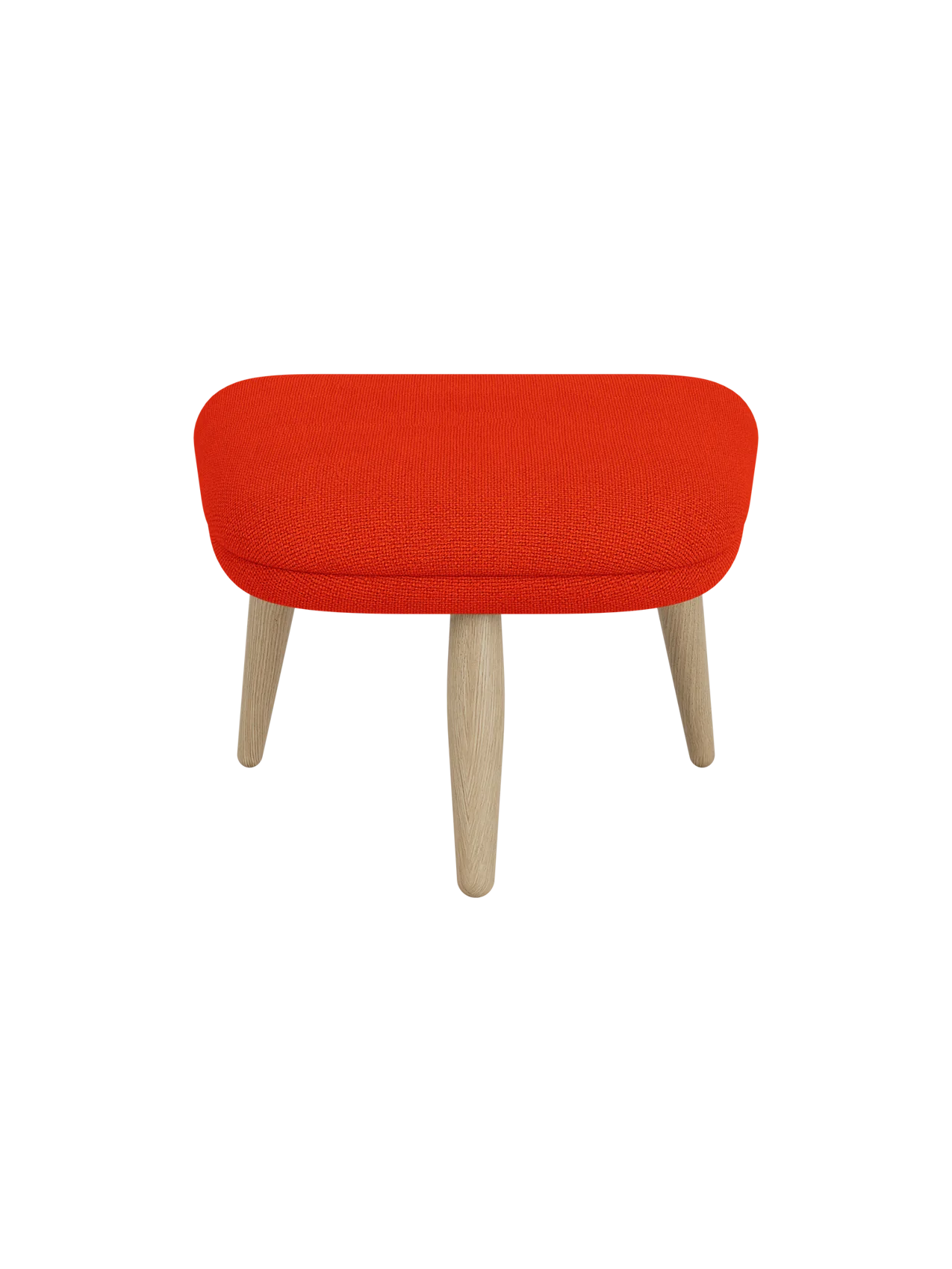 Front view of the Oda Ottoman upholstered in bright red Hallingdal 600 fabric with four natural oak legs.