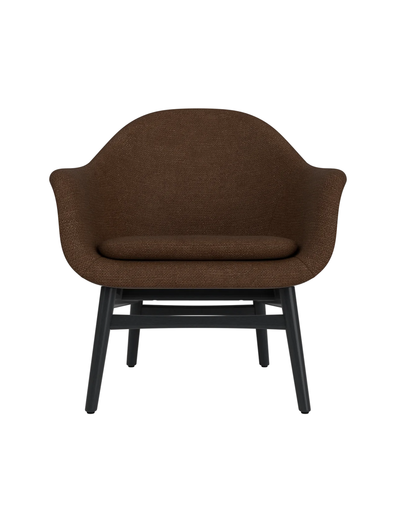 Harbour Lounge Chair featuring dark brown bouclé upholstery and a minimalist black painted oak base.
