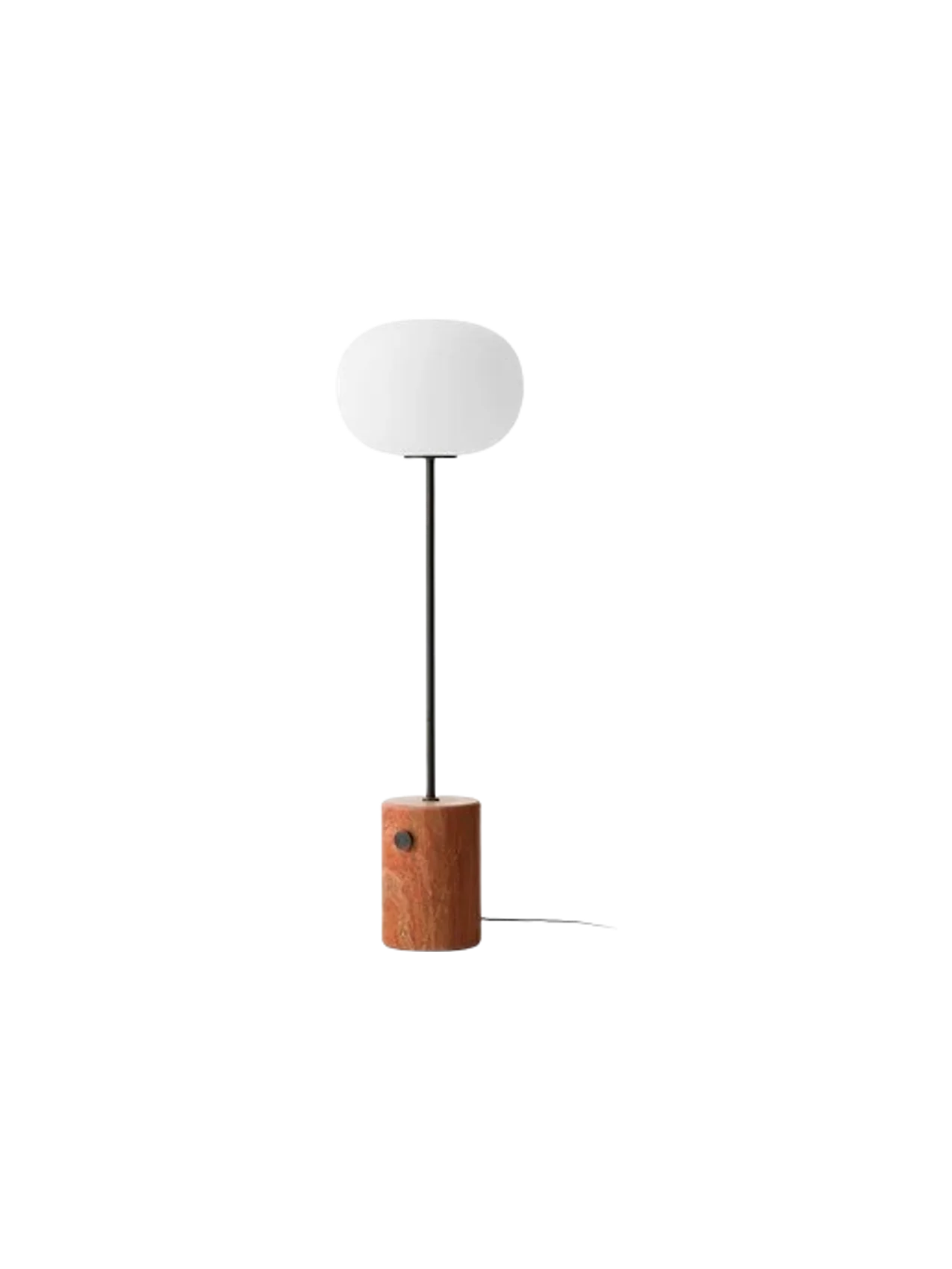 JWDA Floor Lamp with a red travertine stone cylindrical base, a slim bronzed brass stem, and an elliptical opal glass shade