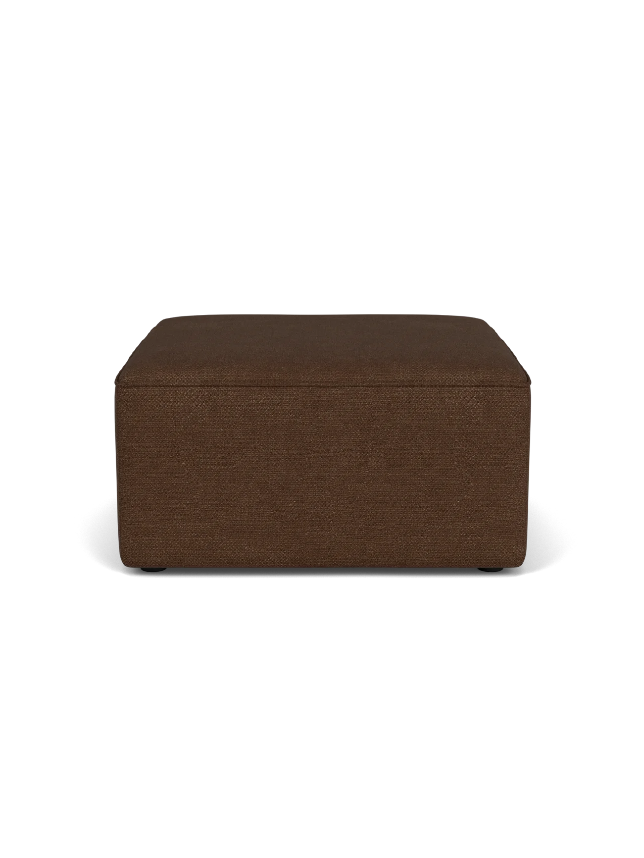 A side profile view of the Eave Modular Pouf, 75, upholstered in a textured brown Audo Bouclé 07 fabric on black background.