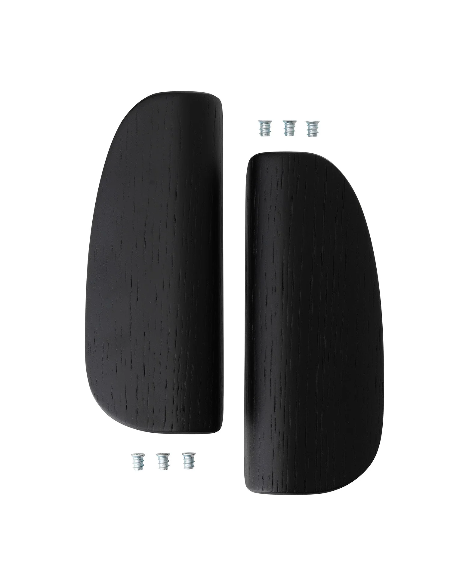 Pair of black oak curved armrest panels with visible wood grain, shown vertically with four small metal mounting inserts.