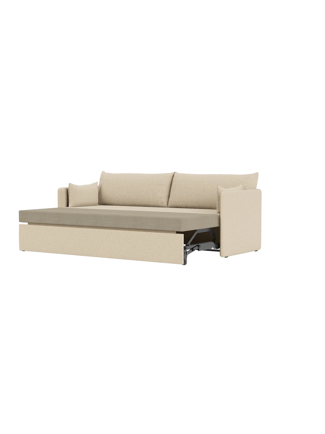 Side view of the Offset Sofa Bed in Logan Sand fabric, partially opened to reveal the mattress and folding mechanism.