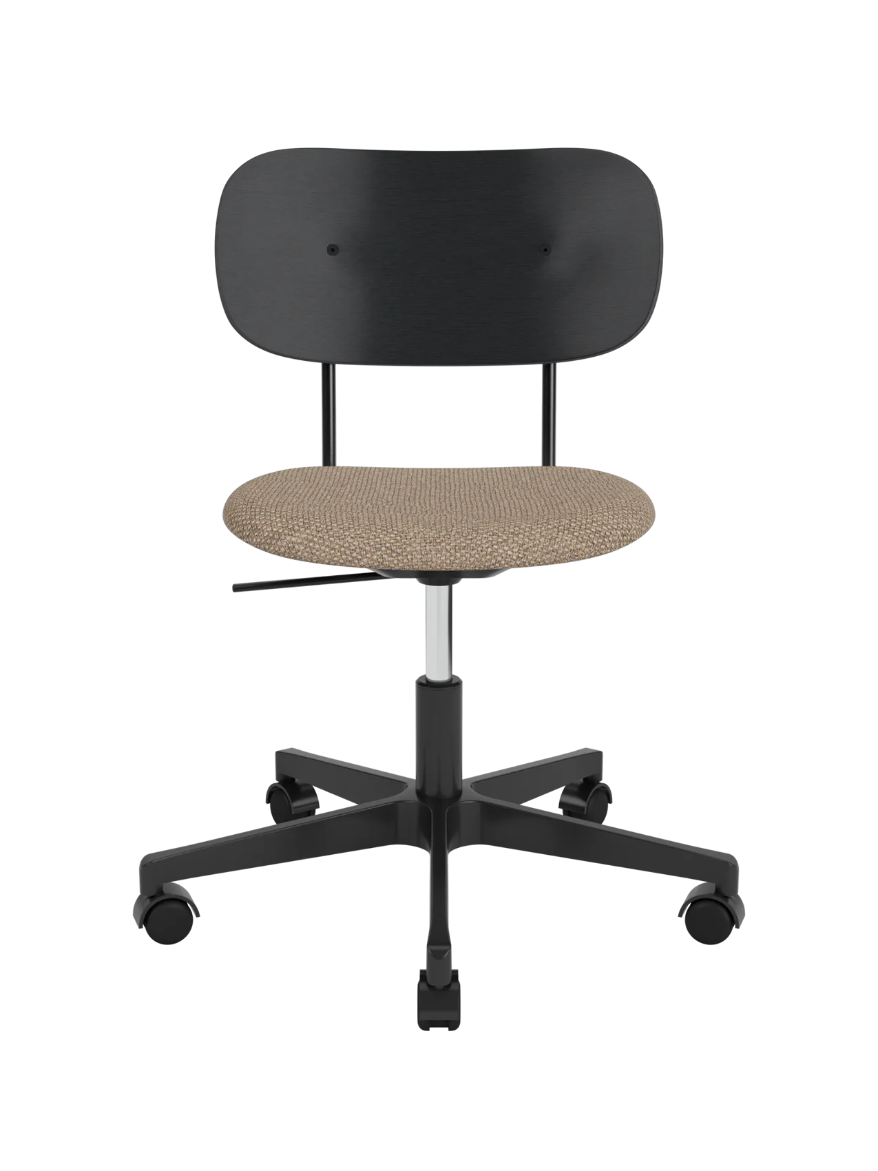 Co Task Chair with a black painted oak back and Logan Flint upholstered seat on a five-star black swivel base.