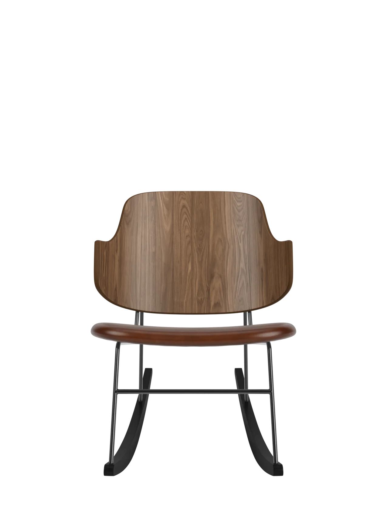 The Penguin Rocking Chair with a walnut veneer back and brown upholstered seat on a black steel frame and rockers.