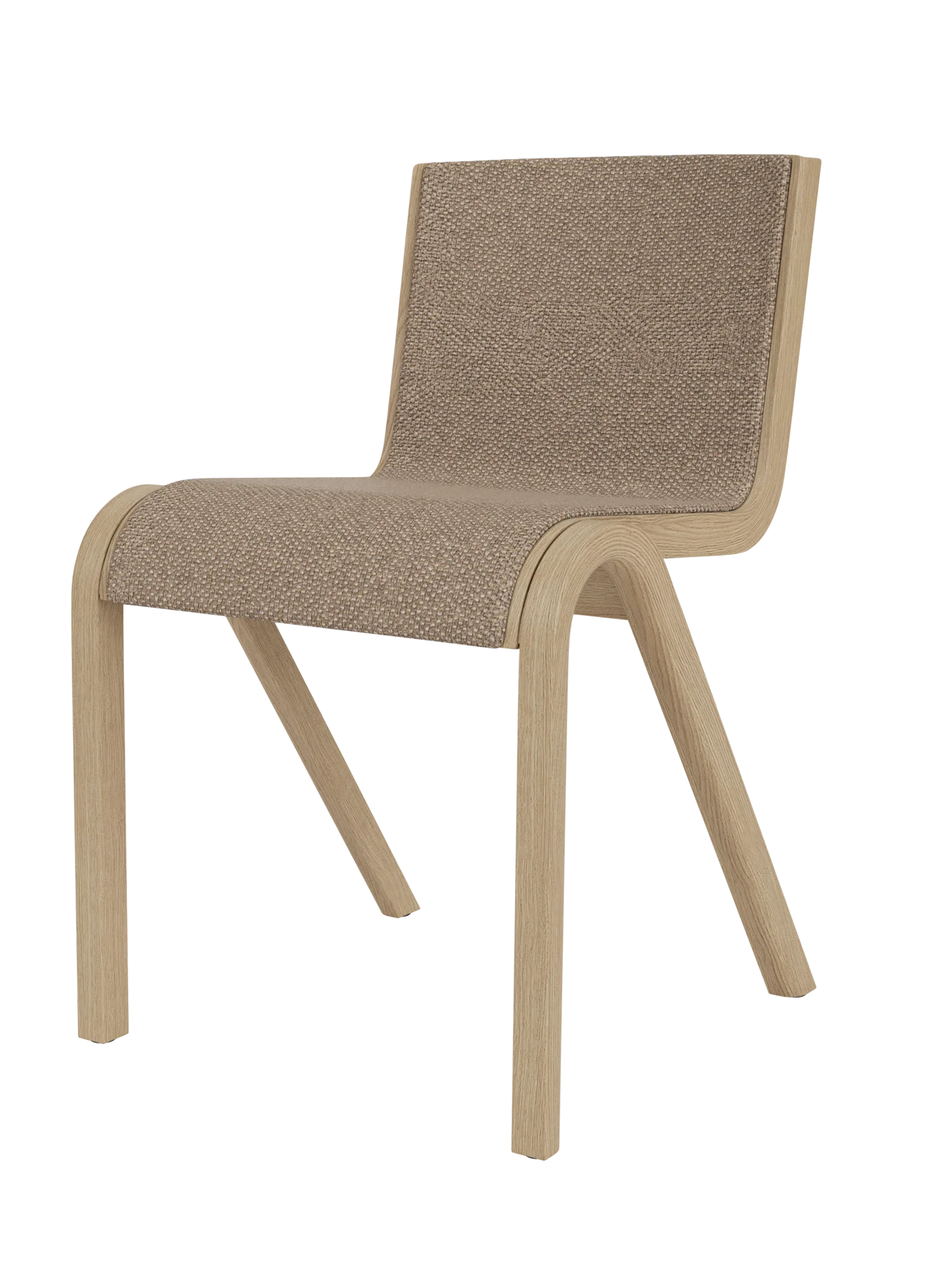 Ready Dining Chair in natural oak with Logan Flint front upholstery, showcasing its curved cantilevered wood design.