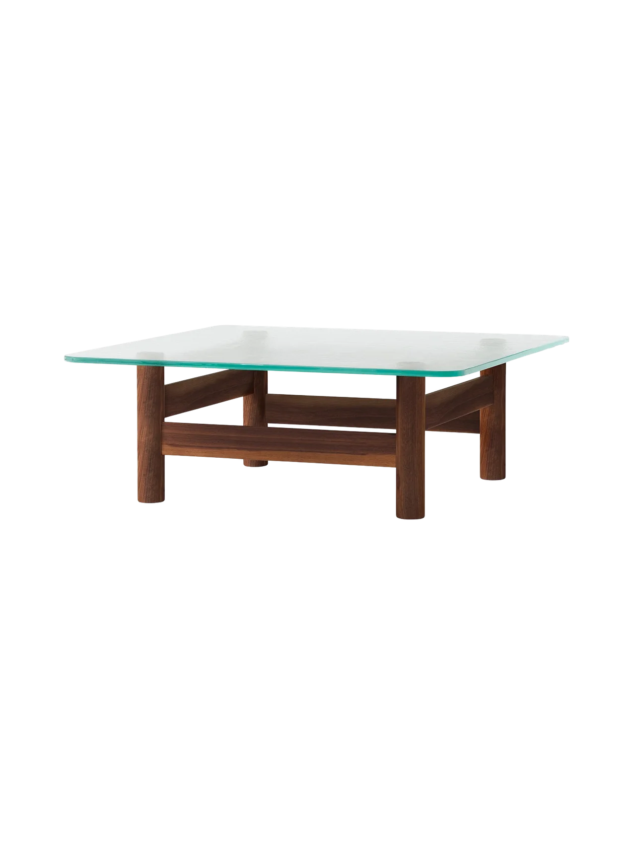 Front-angle view of the Brasilia Lounge Table in walnut, with a square glass top and solid wood frame, on a black background.
