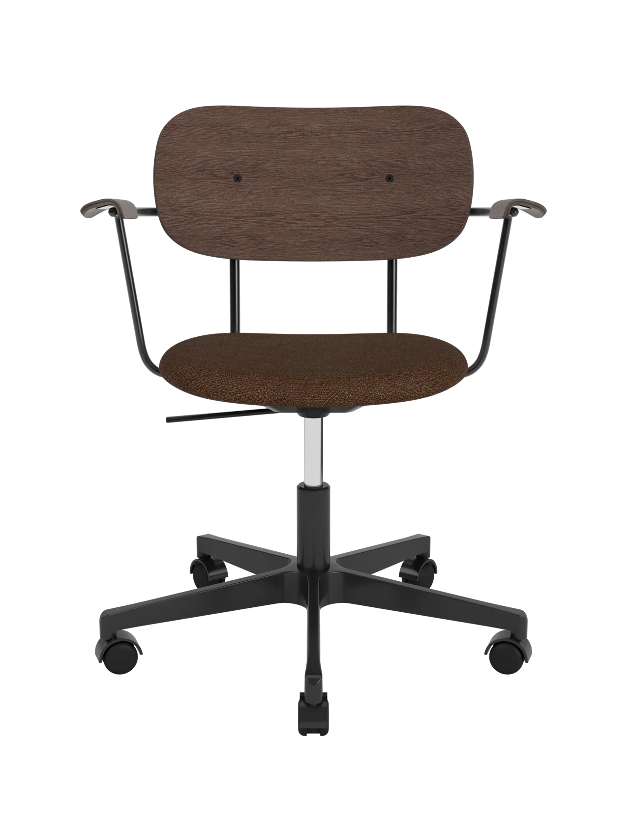 Co Task Chair featuring a brown bouclé seat, dark stained oak back and armrests, on a black swivel base with castors.