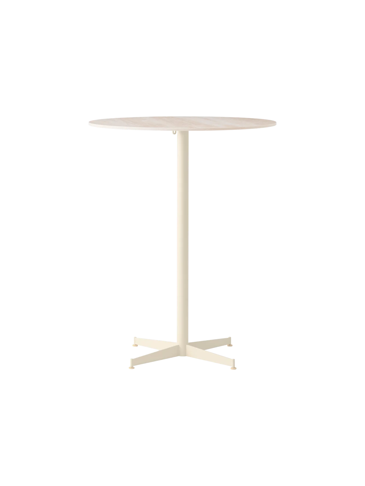 A front-facing image of the Nook Bar Table, featuring a round, light-coloured marble top and a slender, ivory steel base.