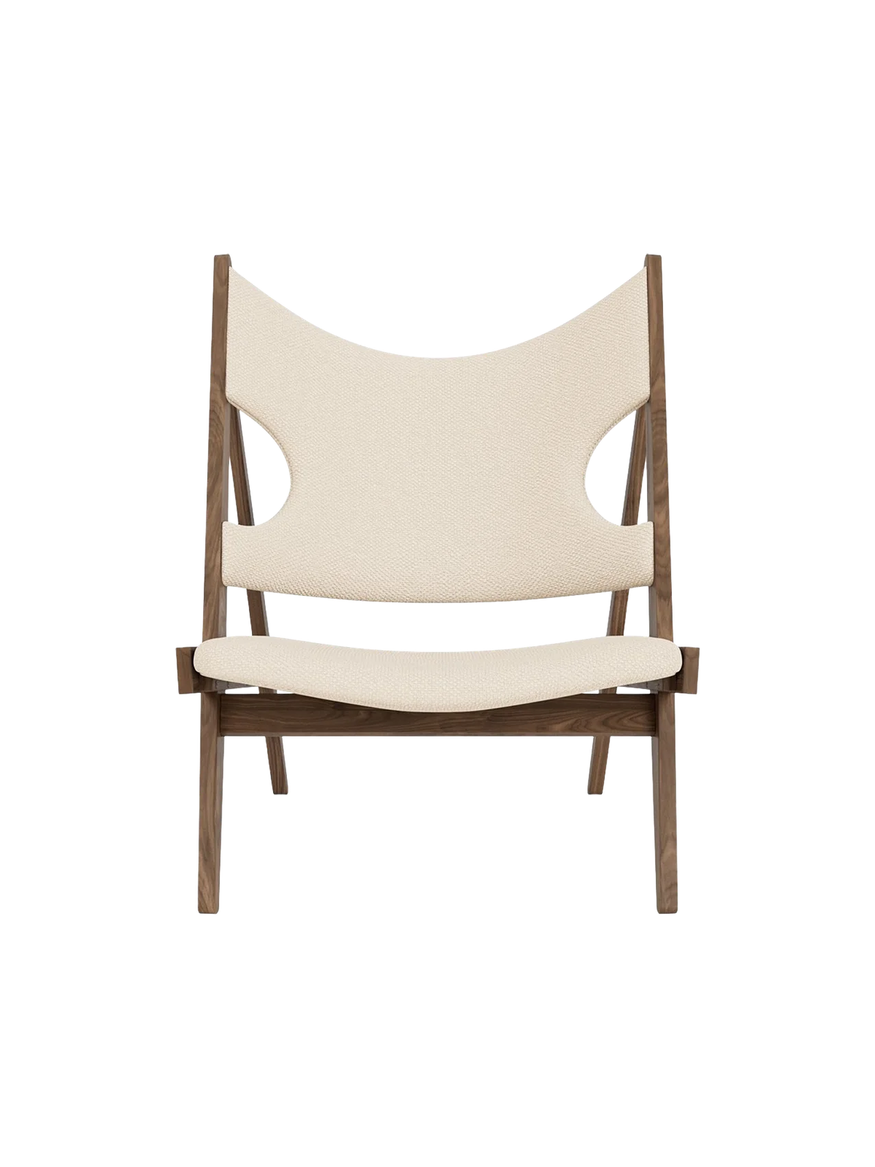 A front view of the Knitting Lounge Chair, with a dark wood frame and off-white textile seat and back with elbow cut-outs.