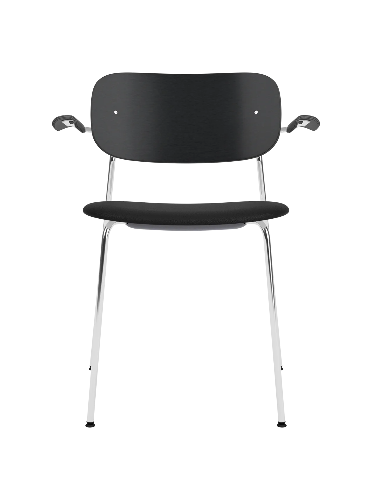 Co Dining Chair with armrests featuring a chrome frame, black painted oak backrest and black Sierra 1001 upholstered seat.