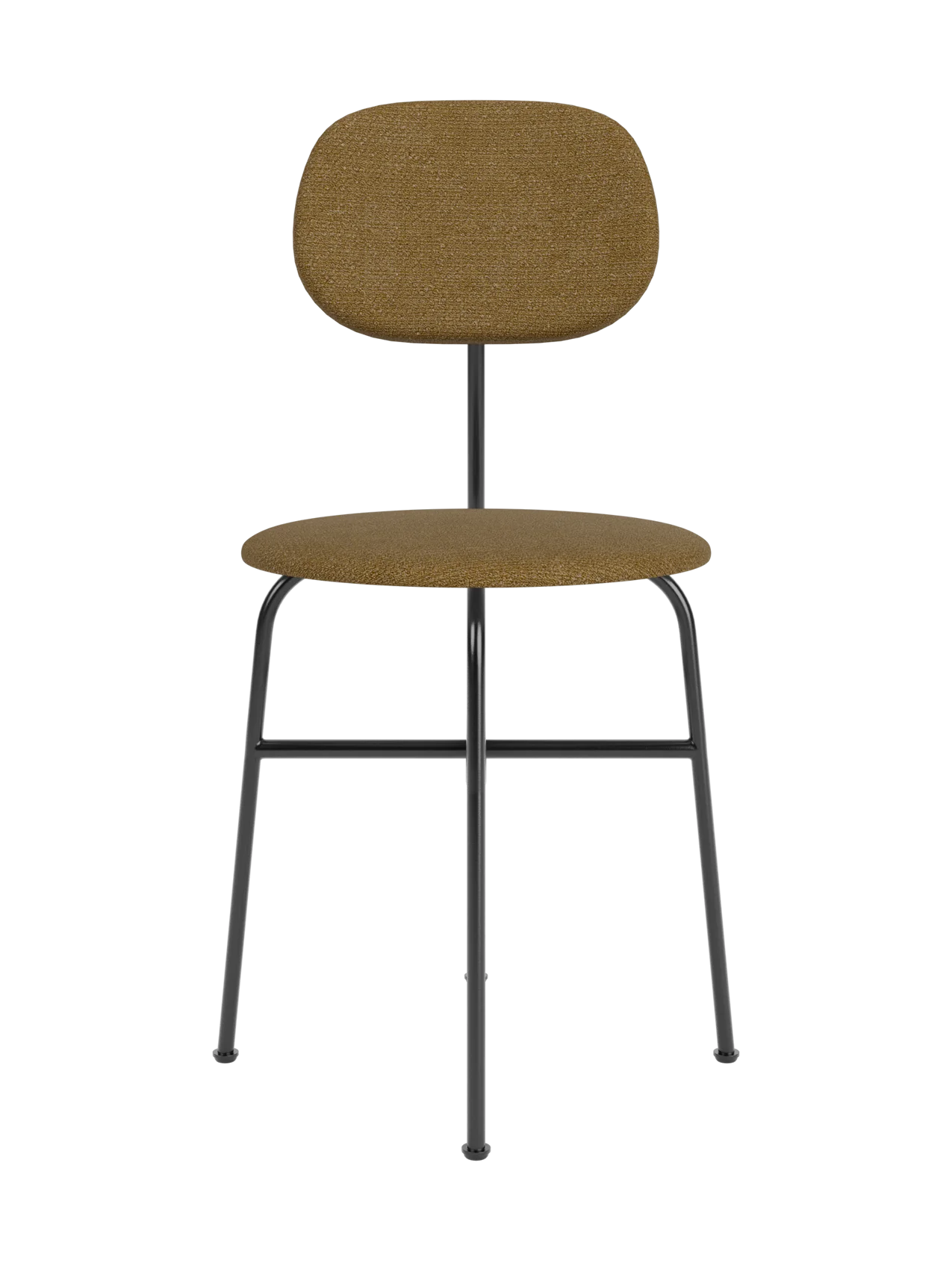 Front view of the Afteroom Dining Chair Plus, with textured brown upholstery and a slim, black metal frame.