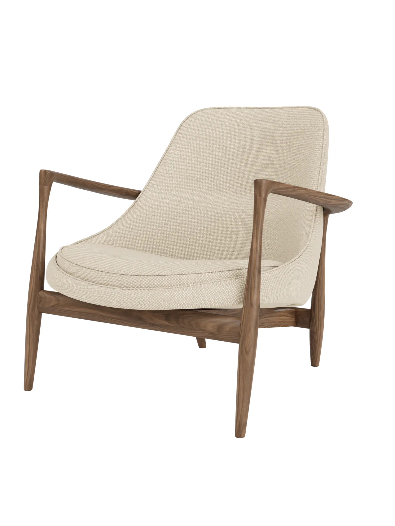 A side-angle view of the Elizabeth Lounge Chair with a dark walnut frame and light-coloured Hallingdal fabric upholstery.