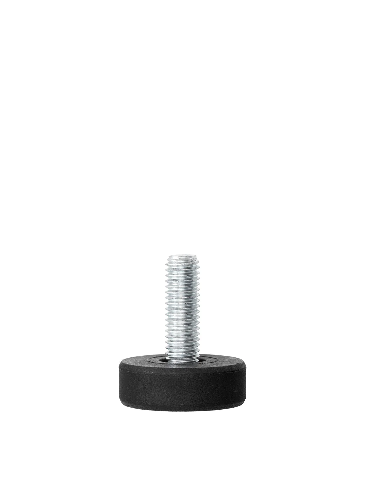 Close-up of a metal furniture glider with a threaded screw and a circular black base against a white background.