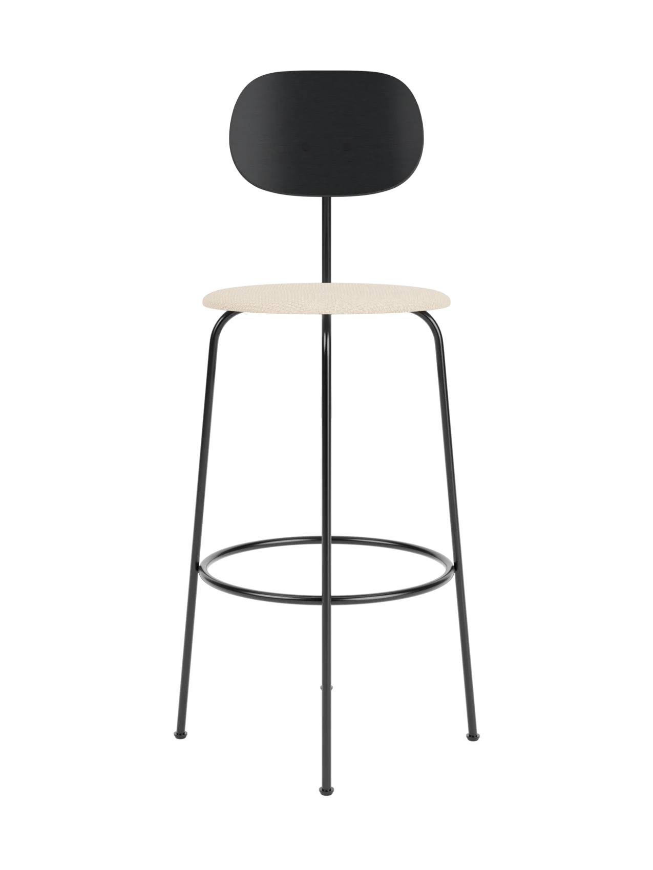 Afteroom Bar Chair Plus with a black oak backrest and Logan Jasmine upholstered seat on a slender metal frame.