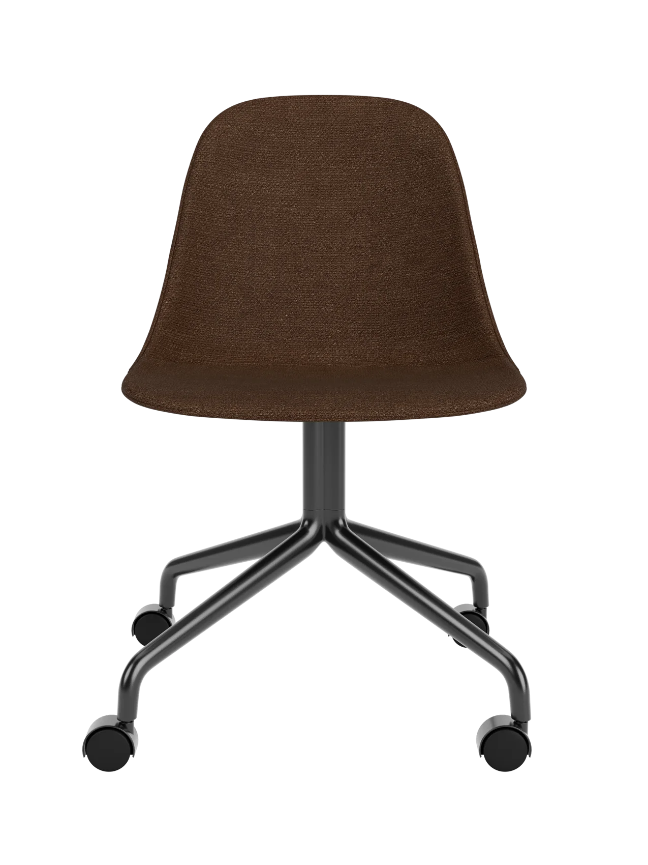 Brown Audo Bouclé 07 Harbour Side Dining Chair with a black star base and casters against a white background.