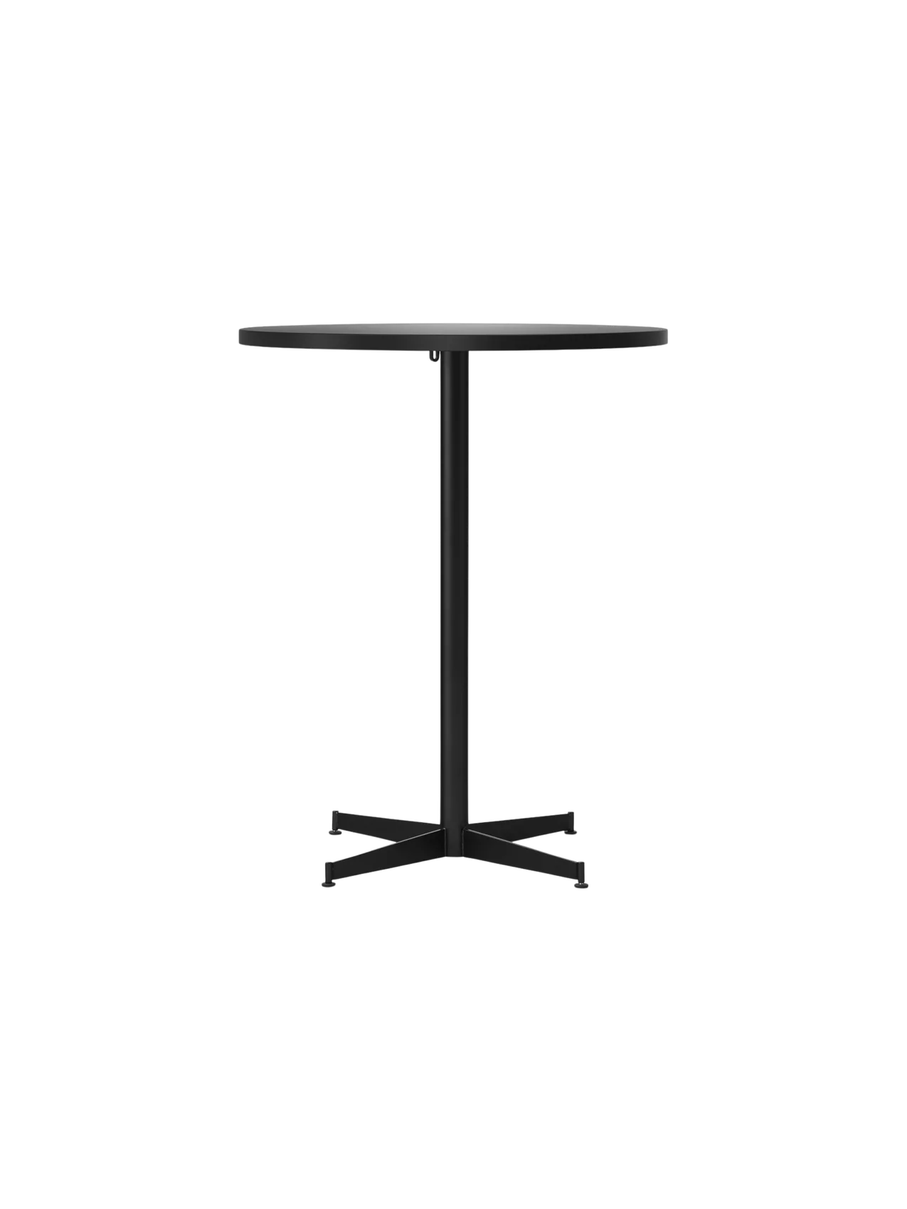 The Nook Counter Table, seen from the front, with a round dark grey top and a minimal black metal base with four legs.