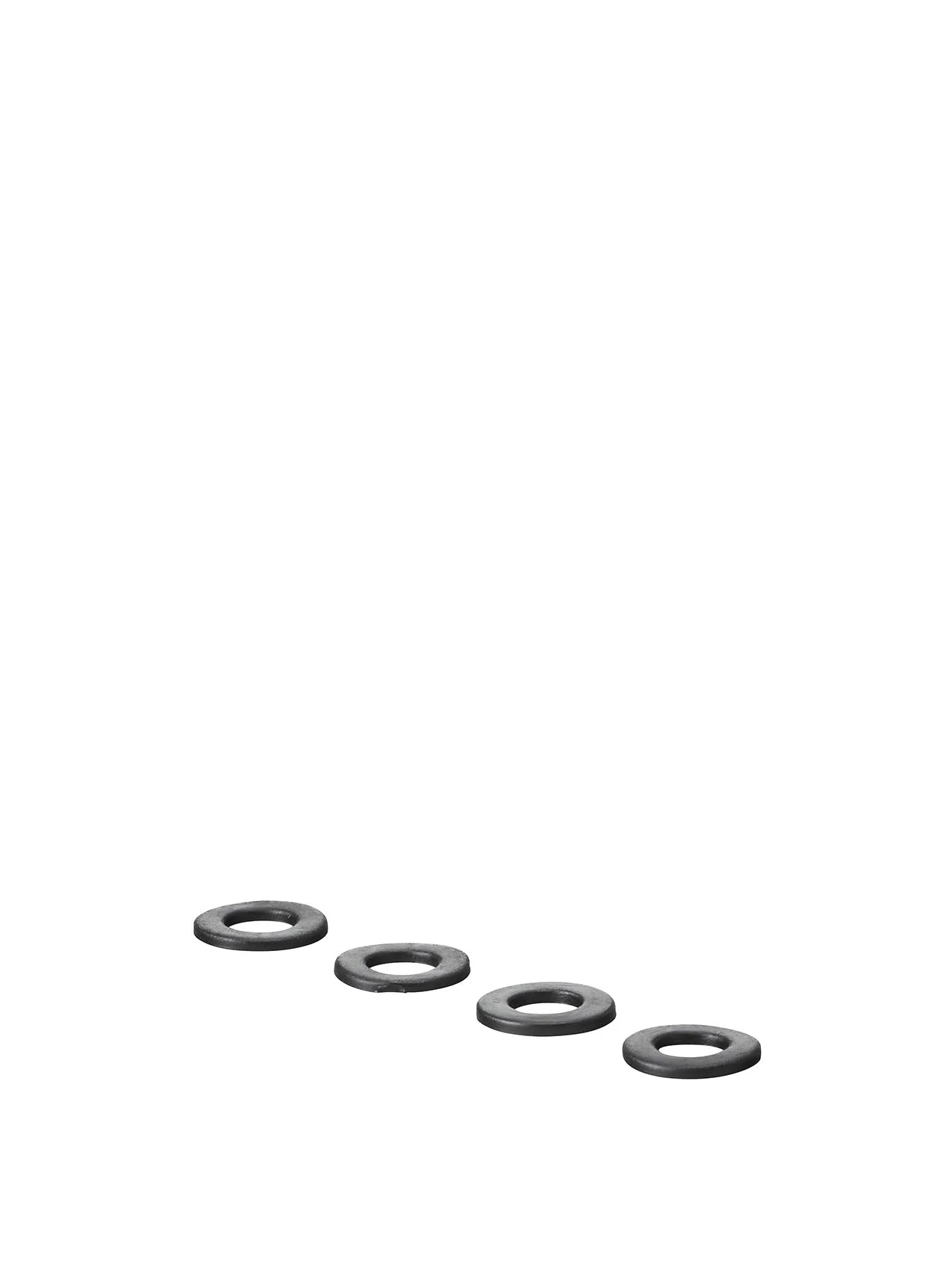 A close-up studio shot of four black replacement silicone rings for the Carrie Lamp, arranged diagonally on a white surface.